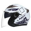 A white and black vintage open-face motorcycle helmet with a clear visor.