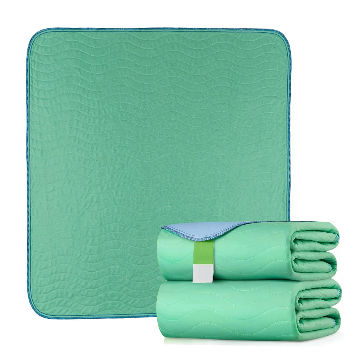 A stack of teal reusable waterproof underpads for bed protection.
