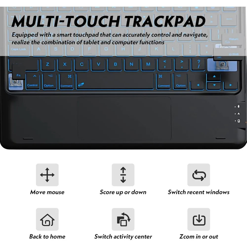 A black multi-touch trackpad keyboard case for a tablet, featuring a smart touchpad and S Pen holder.