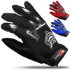 A set of full finger nylon riding gloves in black, red, and blue, shown with various grips.