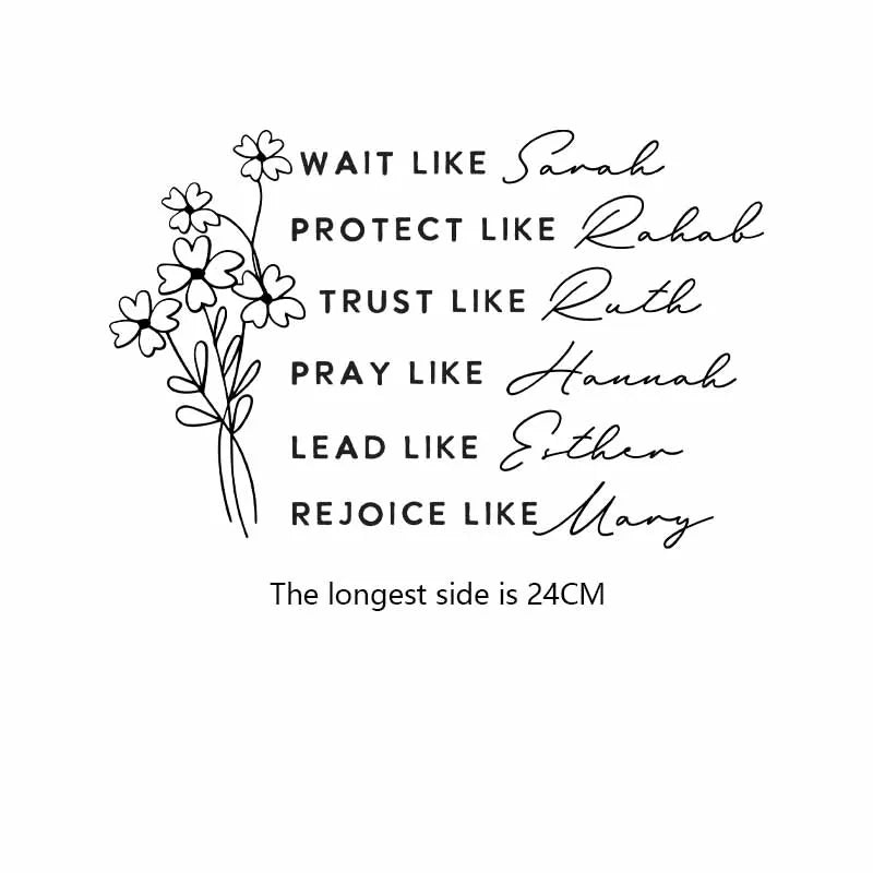 A black line drawing featuring biblical names and actions like Wait Like Sarah, Protect Like Rahab, Trust Like Ruth, Pray Lik