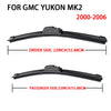 A pair of black windshield wiper blades for a GMC Yukon MK2, showing dimensions for driver and passenger sides.