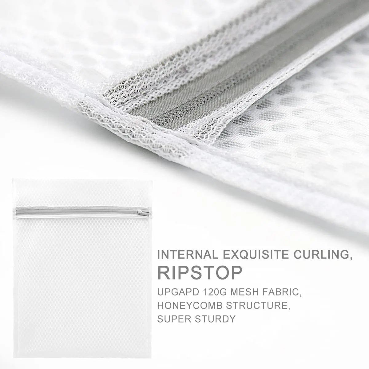 Close-up view of a white ripstop mesh laundry bag with exquisite curling texture.