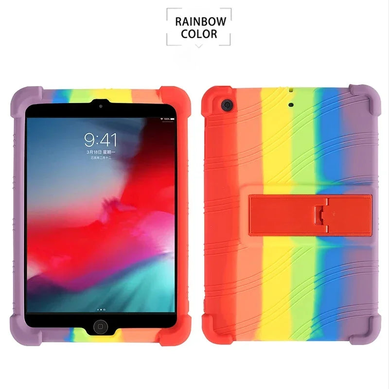 Rainbow colored silicone protective case with kickstand for an iPad Mini