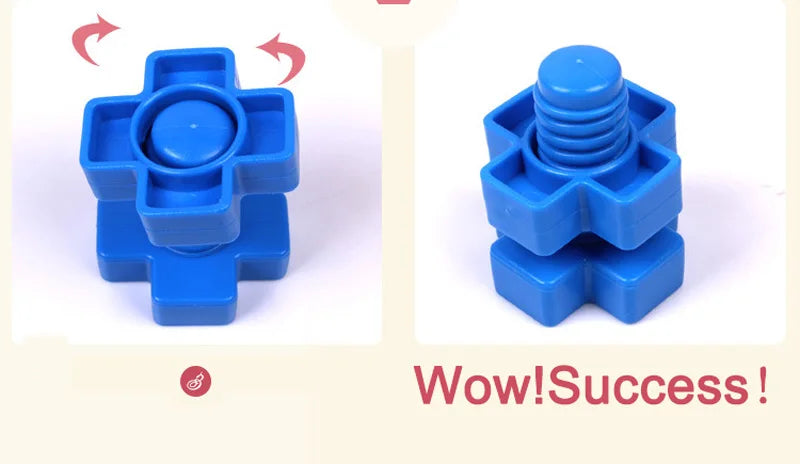 Blue screw building blocks set with nut and bolt shapes stacked together