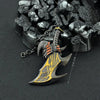 A detailed metal sword keychain featuring an axe blade and a dragon head, hanging from a chain against a dark background.