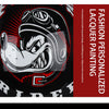 A graphic design featuring a stylized, snarling bulldog face on a motorcycle helmet in black and red.