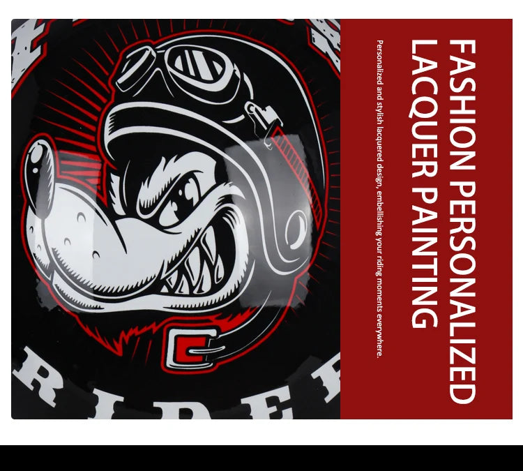 A graphic design featuring a stylized, snarling bulldog face on a motorcycle helmet in black and red.