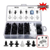 A set of 100 auto trim panel retainer clips and fasteners for secure body panel repair, displayed in an open plastic box.
