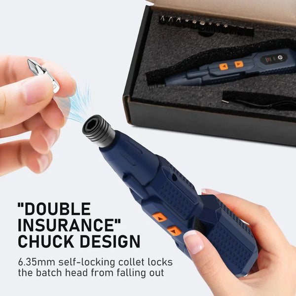A hand holds a blue cordless electric screwdriver with a chuck design next to its packaging box.