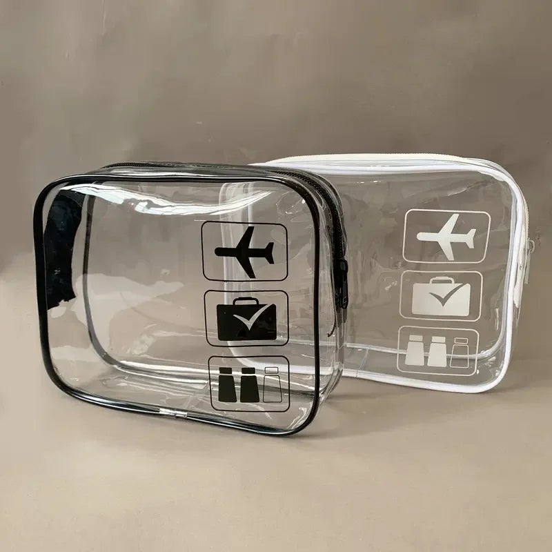 Clear quart-size toiletry bag with icons for travel items like a plane, suitcase, and toiletries