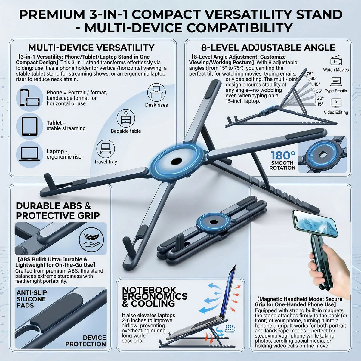 Foldable Magnetic Laptop Stand with Adjustable Height and Heat Dissipation