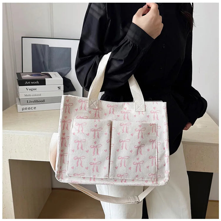 Strawberry Bowknot Canvas Tote Bag