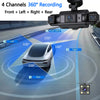 A dash cam setup showing four recording channels: Front, Left, Right, and Rear views of a car.