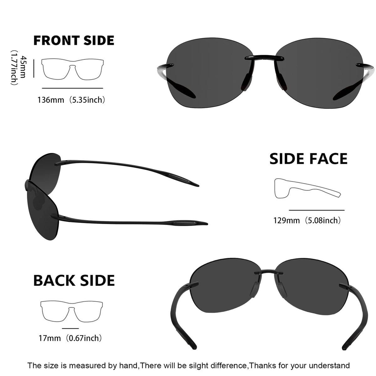 Front, side, and back views of rimless polarized sport sunglasses shown with measurements.