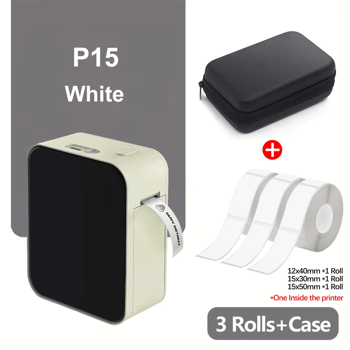 Imprimante thermique Bluetooth portable blanche avec étui noir et trois rouleaux d'étiquettes.