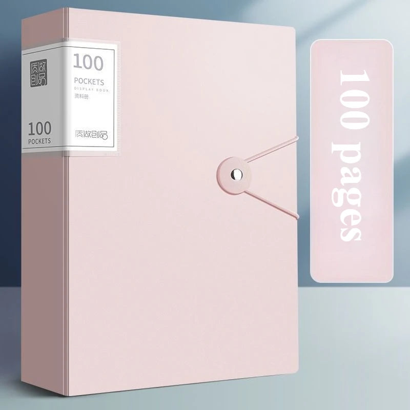 A pink A4 expanding file organizer with a clear pocket divider, showing 100 pockets.