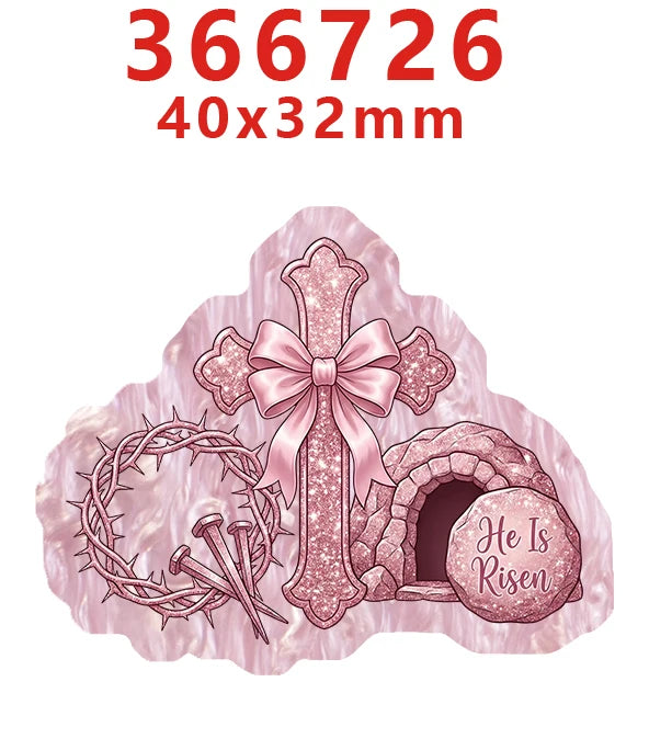 A pink glitter cross and wreath design on a translucent acrylic background for faith-themed decorations.