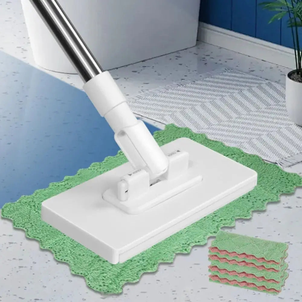 A white 360° rotating hands-free flat mop is shown cleaning a floor, with stacks of green and pink reusable cloths nearby.