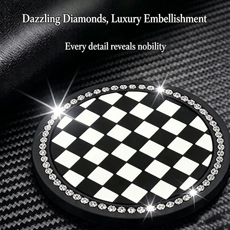 Black and white checkered non-slip coasters with sparkling diamond embellishment