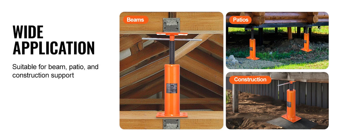 Orange adjustable steel floor jack used for supporting beams, patios, and construction tasks.