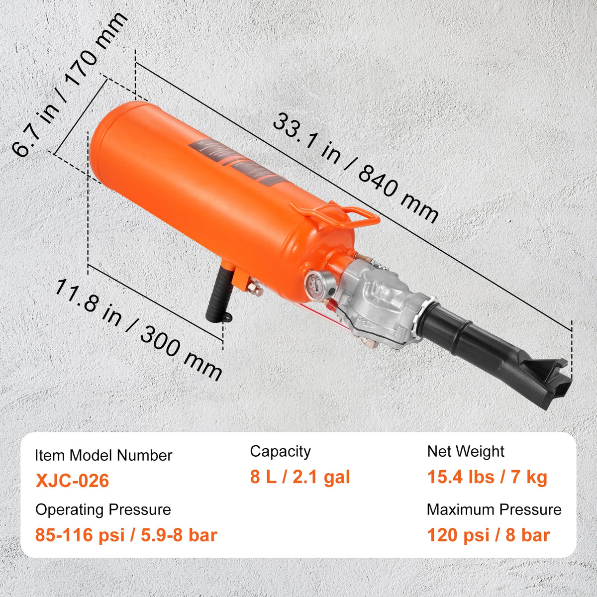 Orange handheld air blaster for tire bead seating with a 8 liter capacity and 120 psi maximum pressure