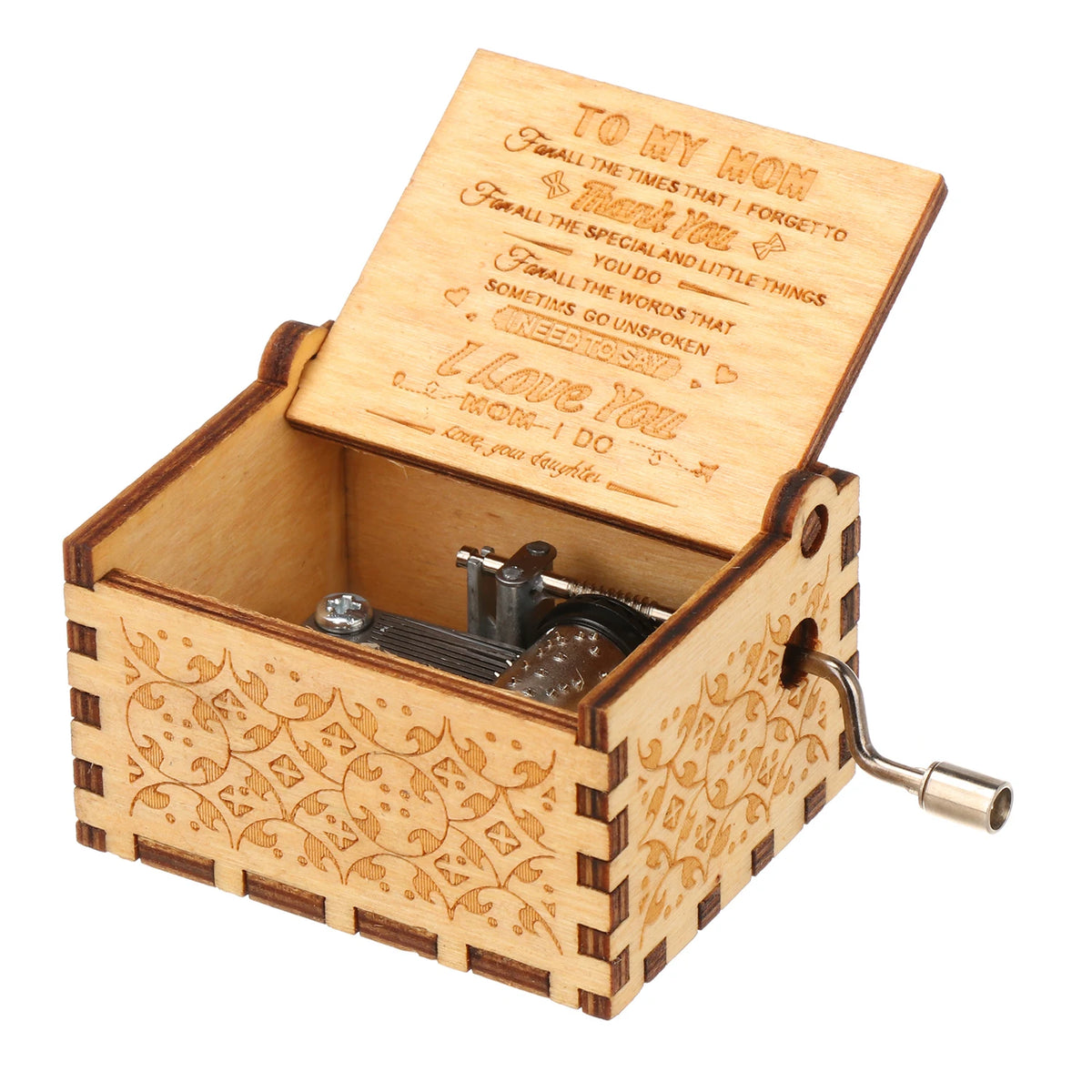 A vintage hand-cranked wooden music box with an open lid featuring engraved text and a small metal crank.