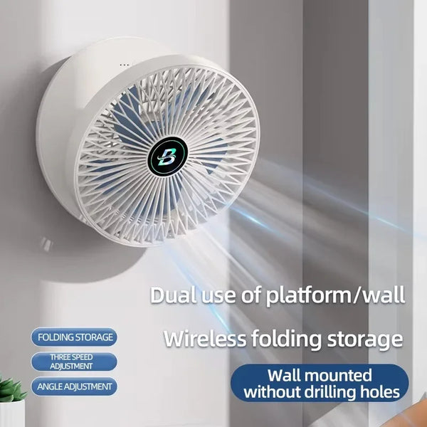 Ventilador eléctrico blanco montado en la pared con rejilla decorativa, mostrado en una pared gris claro.