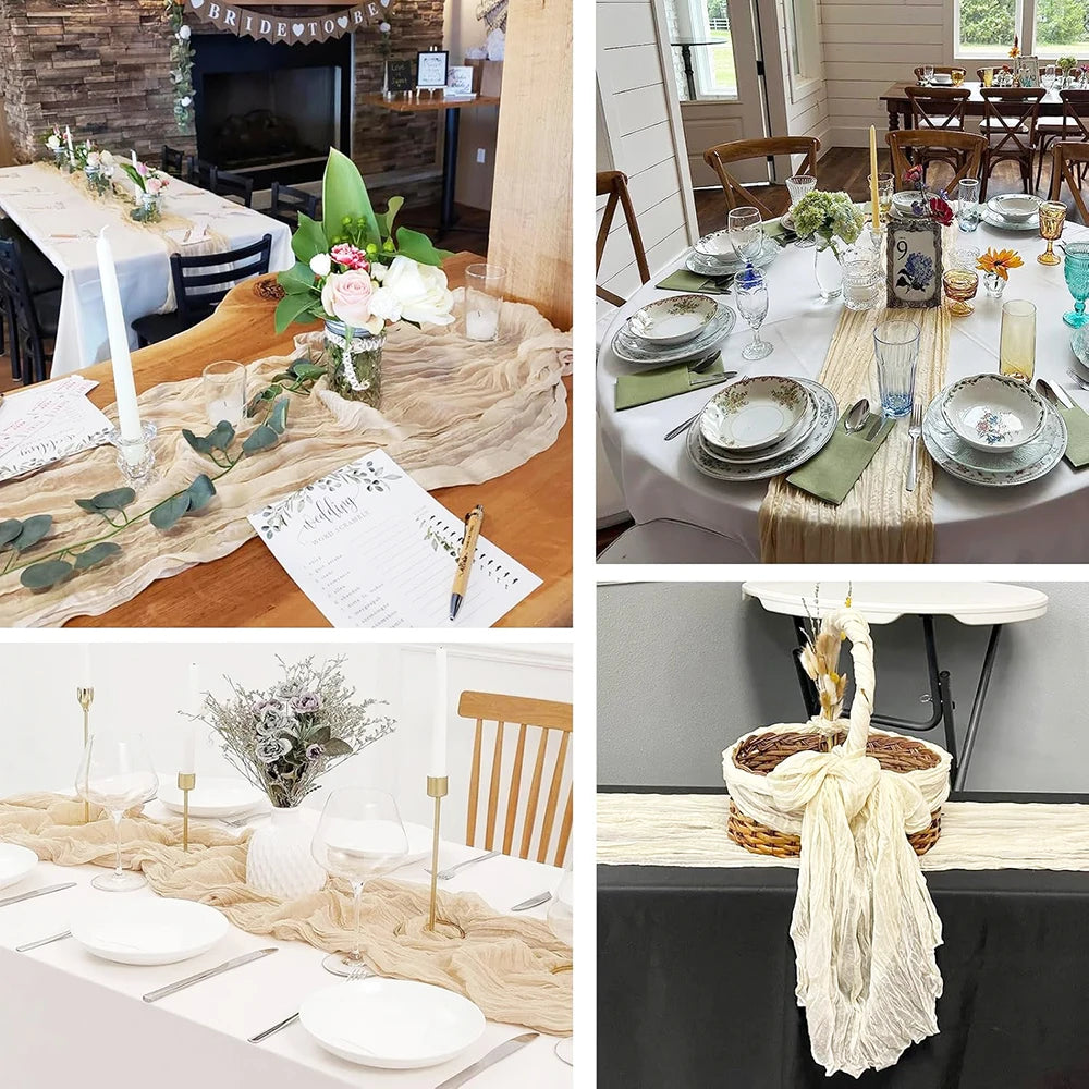 A semi-sheer gauze table runner in natural beige fabric with delicate greenery and floral accents.