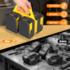 A hand is holding a yellow portable battery storage organizer, demonstrating its features for easy identification, security, 