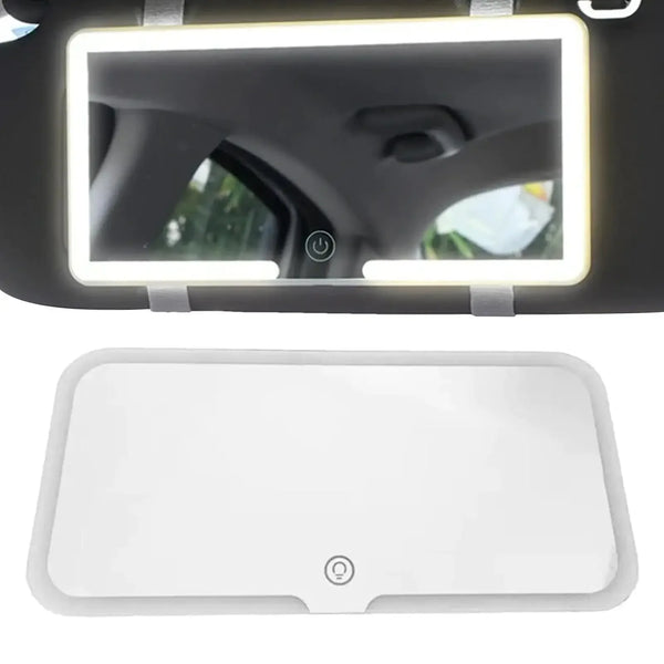 Espejo de tocador LED diseñado para el salpicadero del coche, mostrando el espejo y un panel de luz separado.