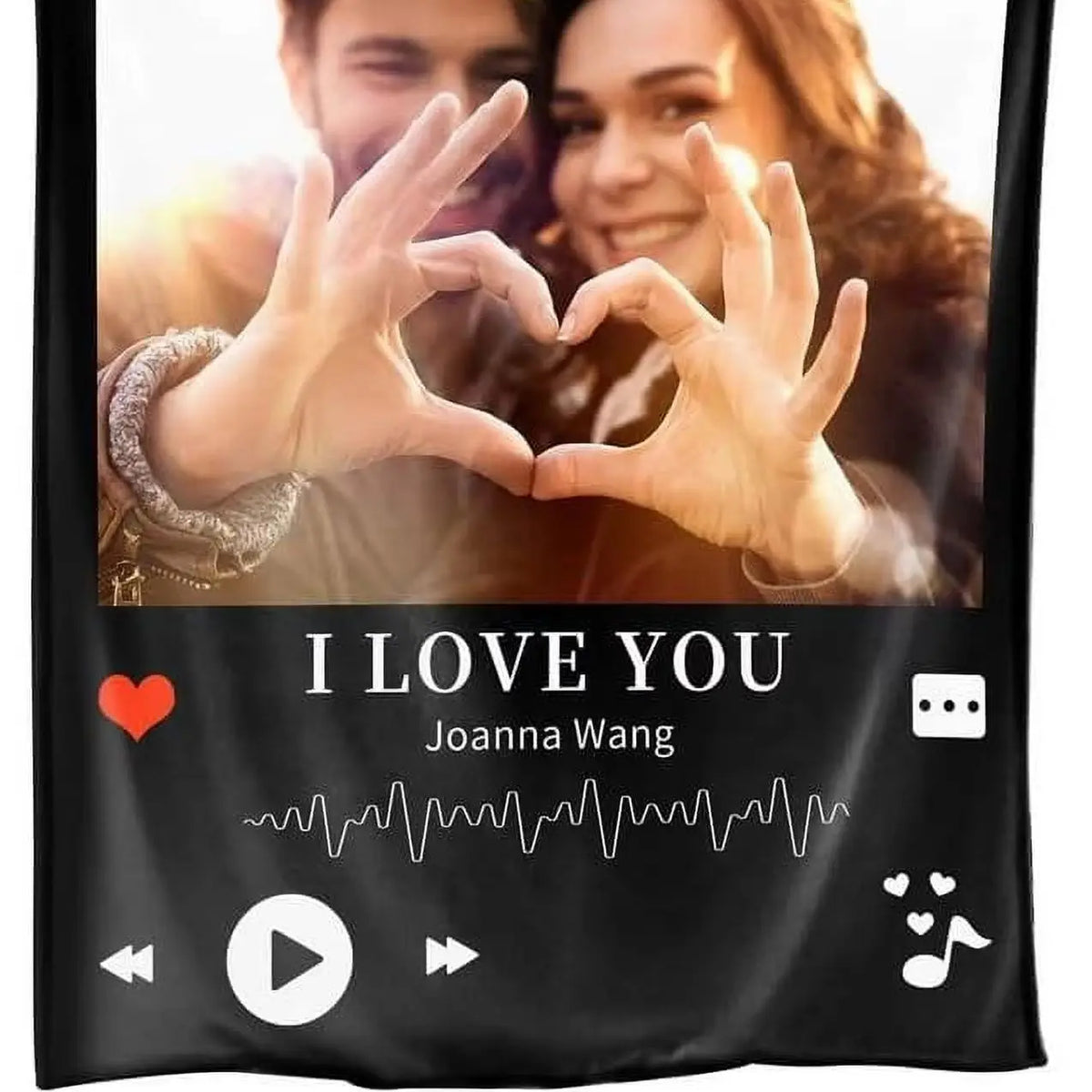 A black blanket featuring a photo of a couple and the text I LOVE YOU Joanna Wang