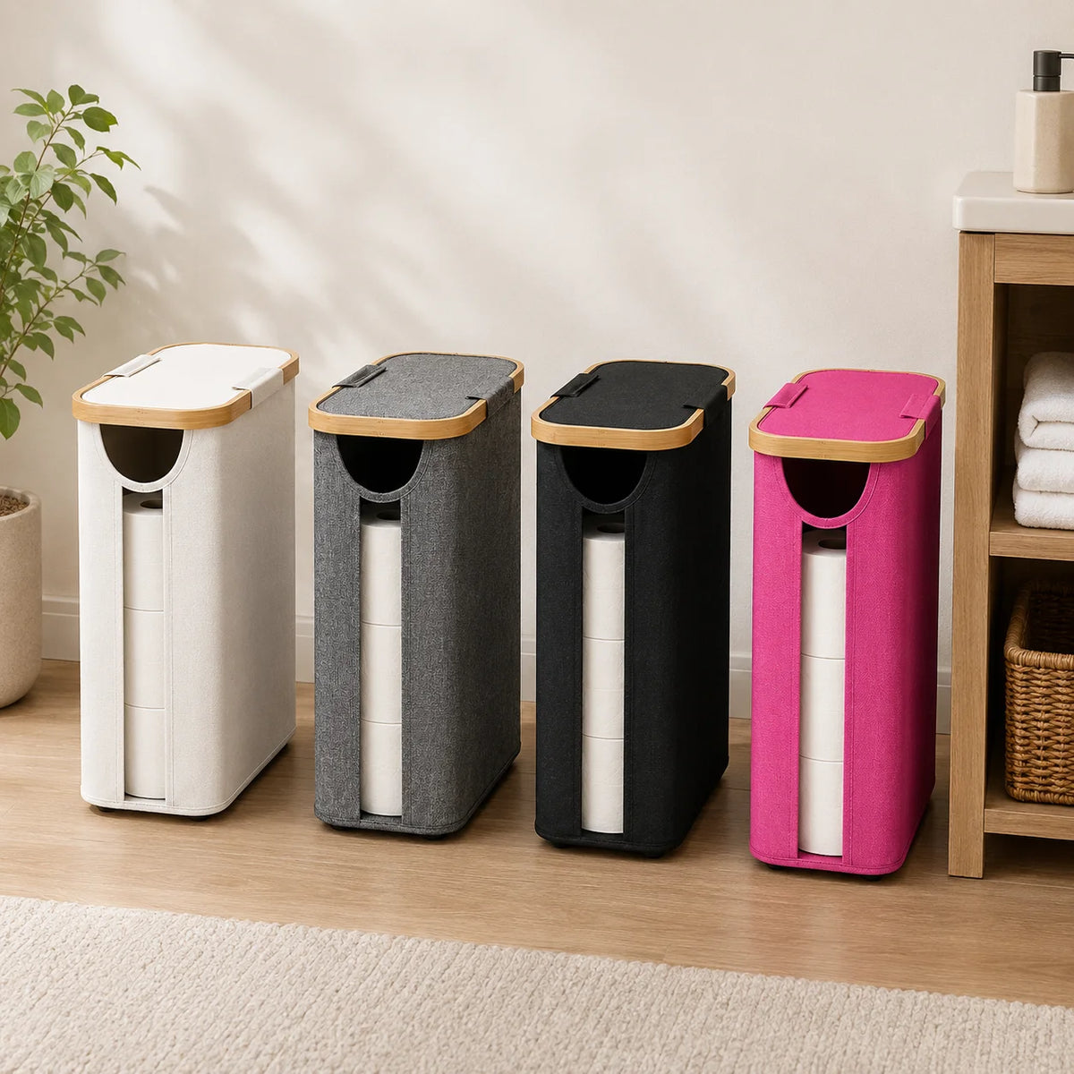 Four bamboo-framed toilet paper storage baskets in white, gray, black, and pink standing on a wooden floor.