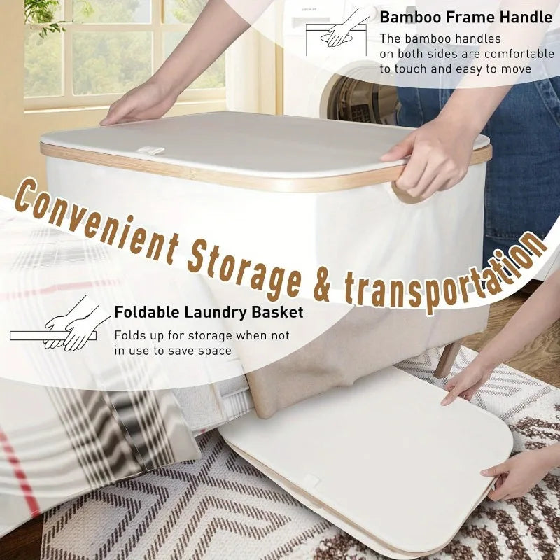 A person is holding an extra large foldable laundry hamper with a lid and removable bags, demonstrating its convenient storag