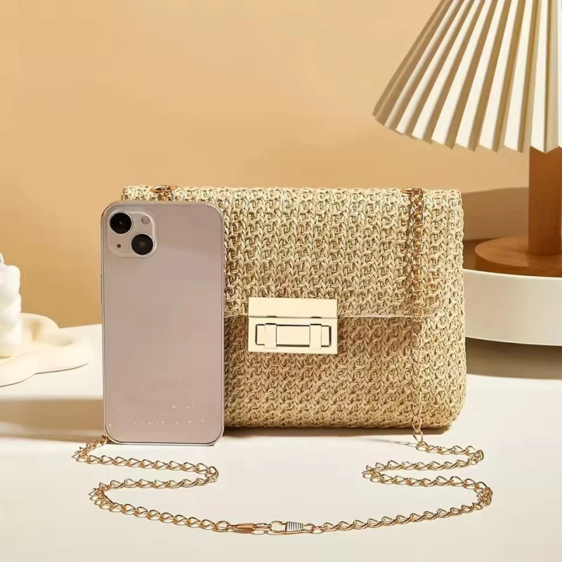 Bohemian Woven Crossbody Bag with Chain Strap