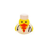 A yellow rubber duck bath toy with a white body and orange beak.