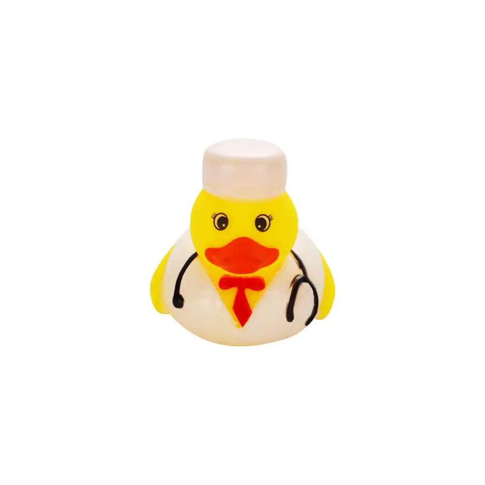 A yellow rubber duck bath toy with a white body and orange beak.
