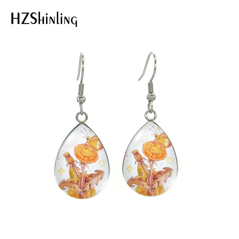 Aretes de Aro en Forma de Lágrima con Arte de Abeja y Flores