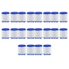 A set of twelve white and blue rotating faucet water purifiers with PP cotton filters arranged in a row.