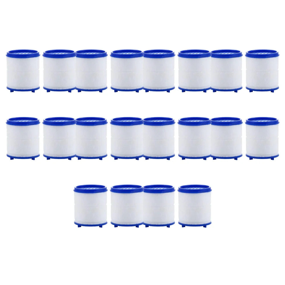 A set of twelve white and blue rotating faucet water purifiers with PP cotton filters arranged in a row.