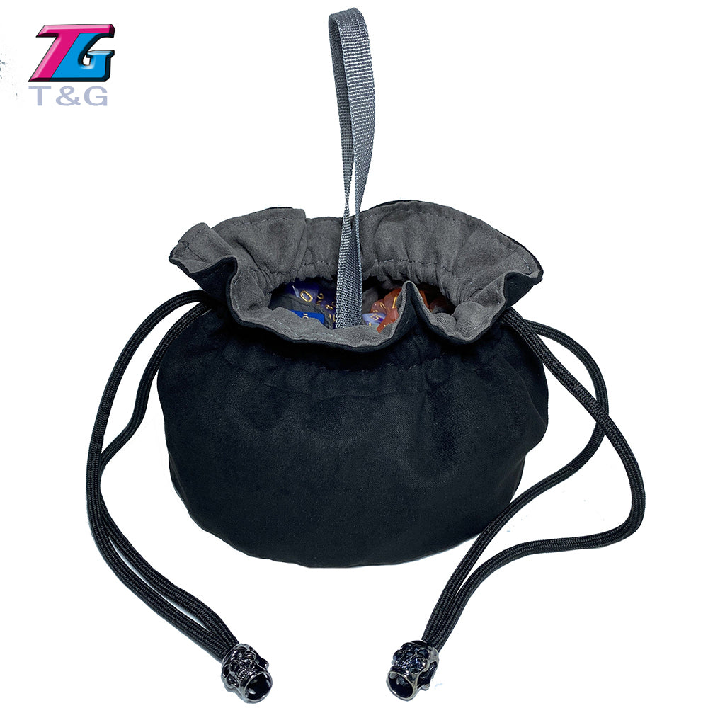 Black velvet dice storage pouch with a drawstring and black cord