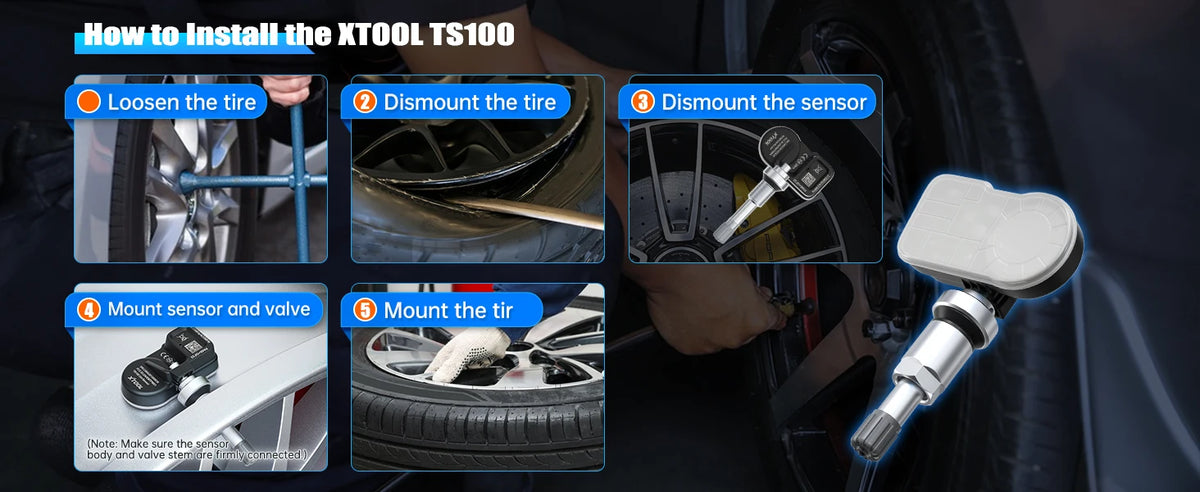 Step-by-step guide showing how to install an XTOOL TS100 tire pressure monitoring sensor.