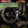 A set of four leopard print car accessories including a steering wheel cover and two shoulder pads shown in a car interior co