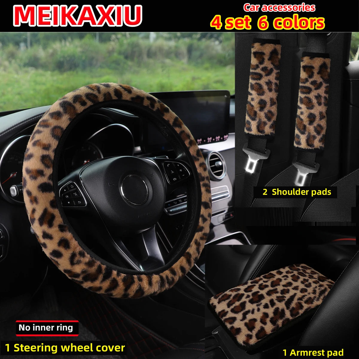 A set of four leopard print car accessories including a steering wheel cover and two shoulder pads shown in a car interior co