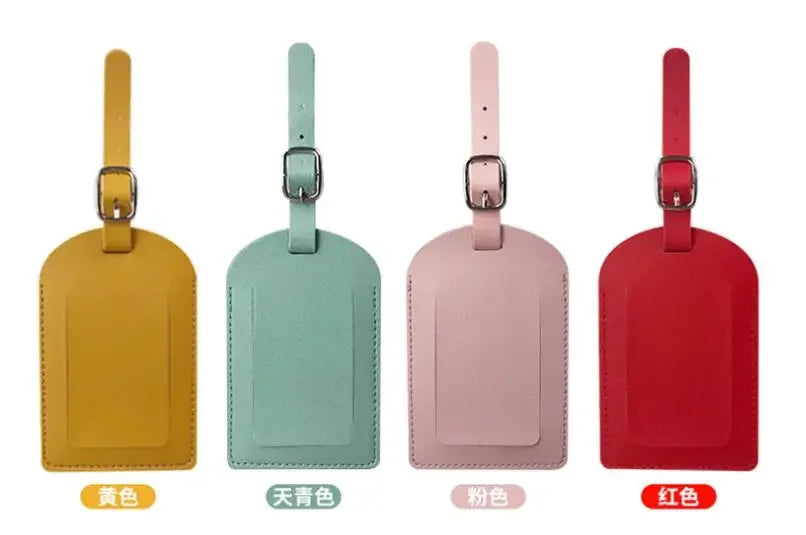 Four colored PU leather luggage tags in yellow, mint green, pink, and red displayed side by side.