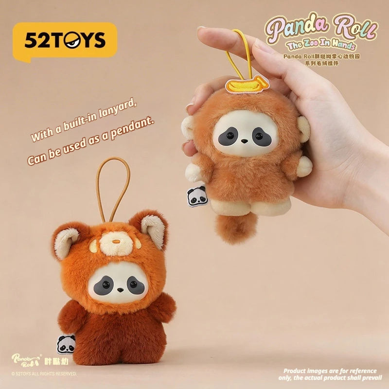 A fluffy brown panda plush toy with a yellow lanyard attached, shown being held by a hand.