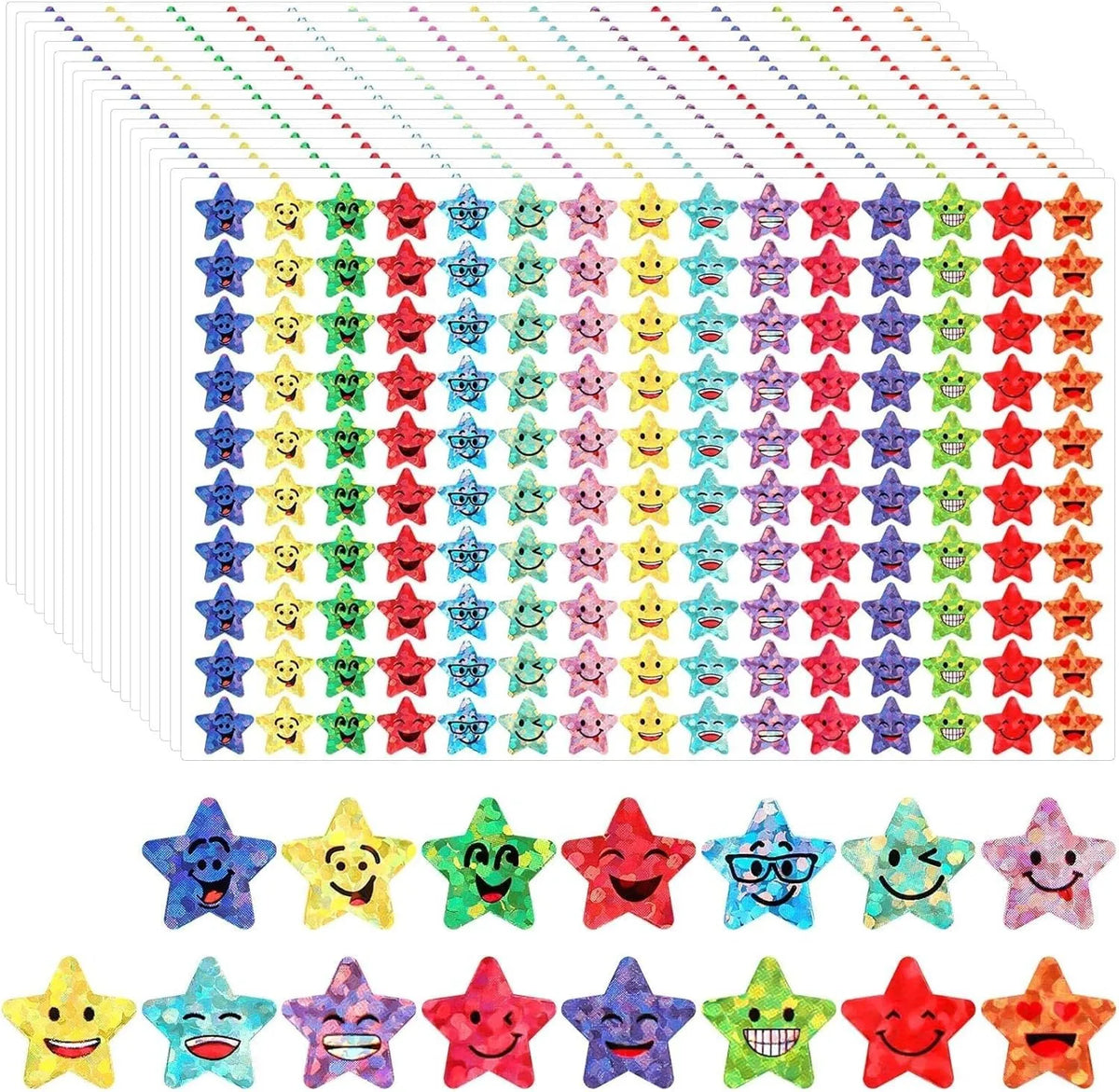 A large grid of glitter star stickers featuring 15 different happy face designs in various colors.