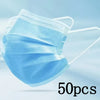 Light blue disposable face mask shown against a light background, packaged as 50 pieces.