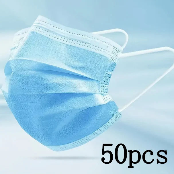 Light blue disposable face mask shown against a light background, packaged as 50 pieces.