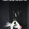 A white fluorescent organizer with a loop and a white feather attached, used for cable tying.